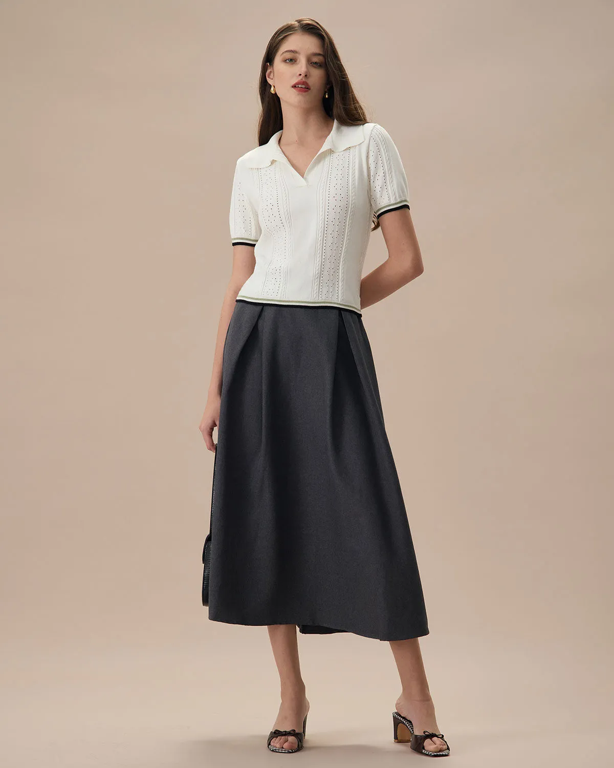 The White Collared Pointelle Contrast Knit Tee sold by rihoas product image thumbnail 5