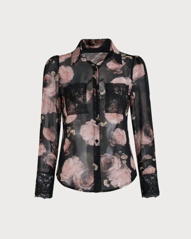 The Black Lapel Floral Lace Spliced Long Sleeve Blouse sold by rihoas
