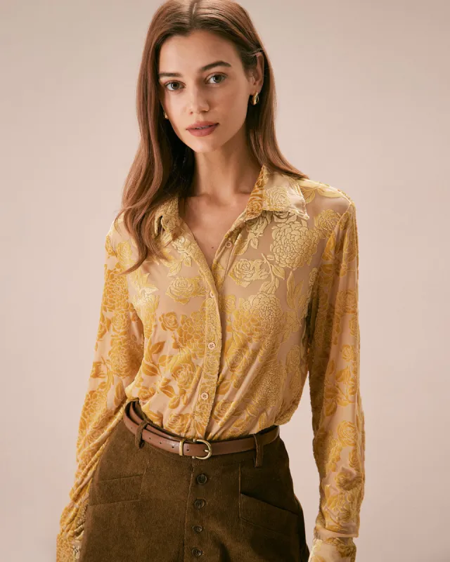 The Yellow Lapel Floral Burnout Mesh Shirt sold by rihoas