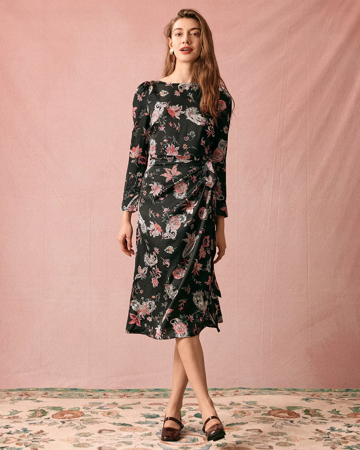 The Floral Ruched Long Sleeve Midi Dress sold by rihoas product image thumbnail 3