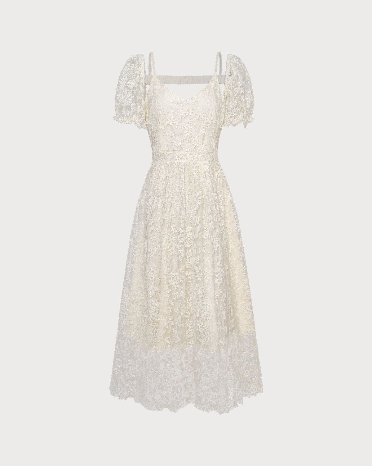 The Apricot Lace Puff Sleeve Sheath Midi Dress sold by rihoas