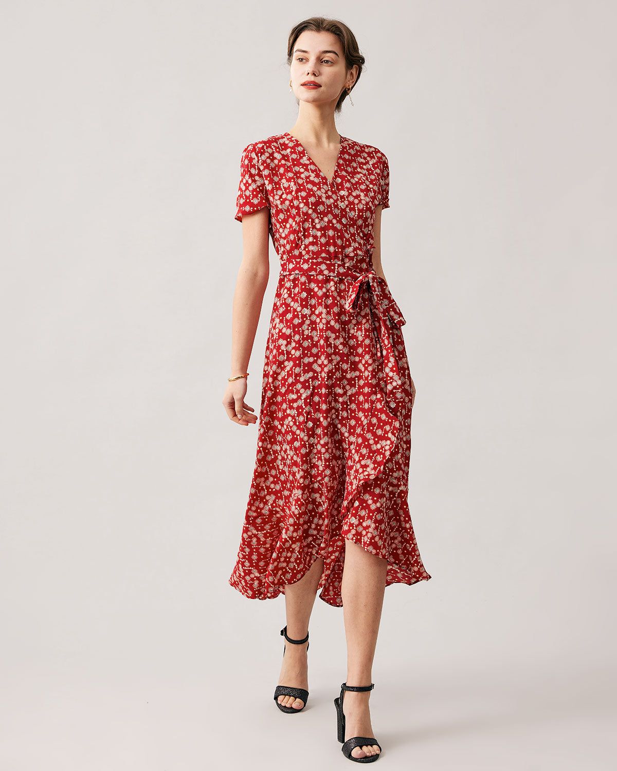 The Red V Neck Wrap Midi Dress sold by rihoas