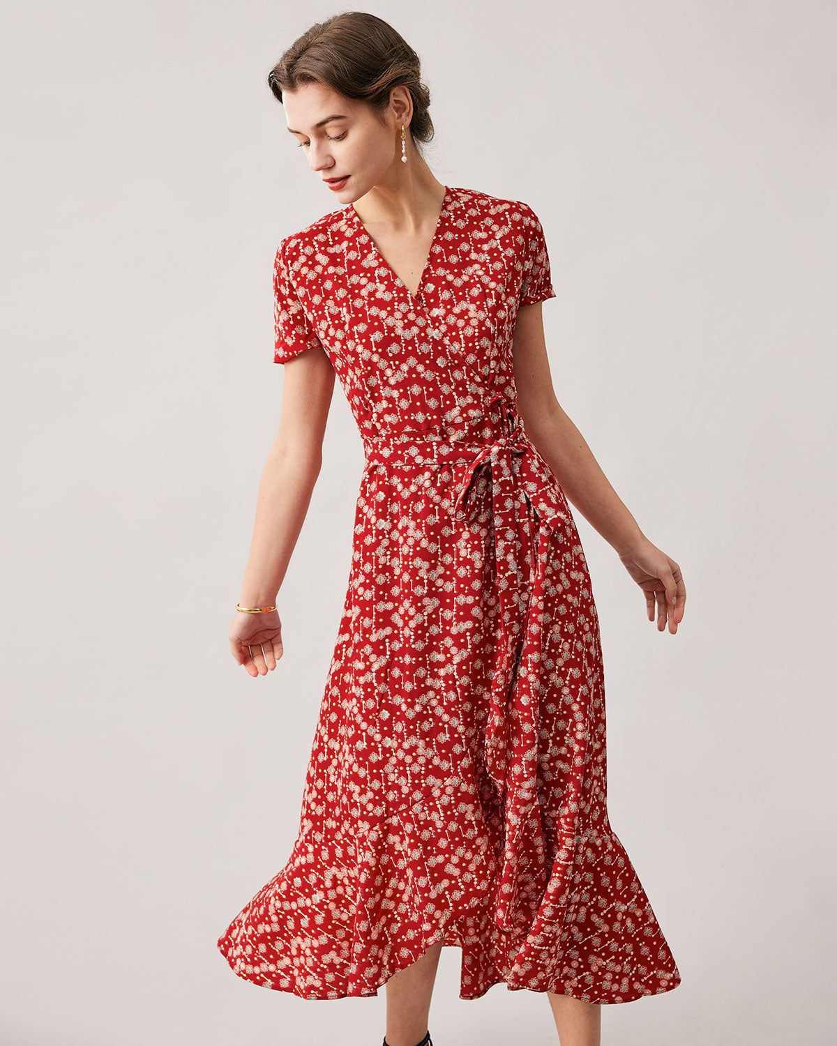 The Red V Neck Wrap Midi Dress sold by rihoas product image thumbnail 3