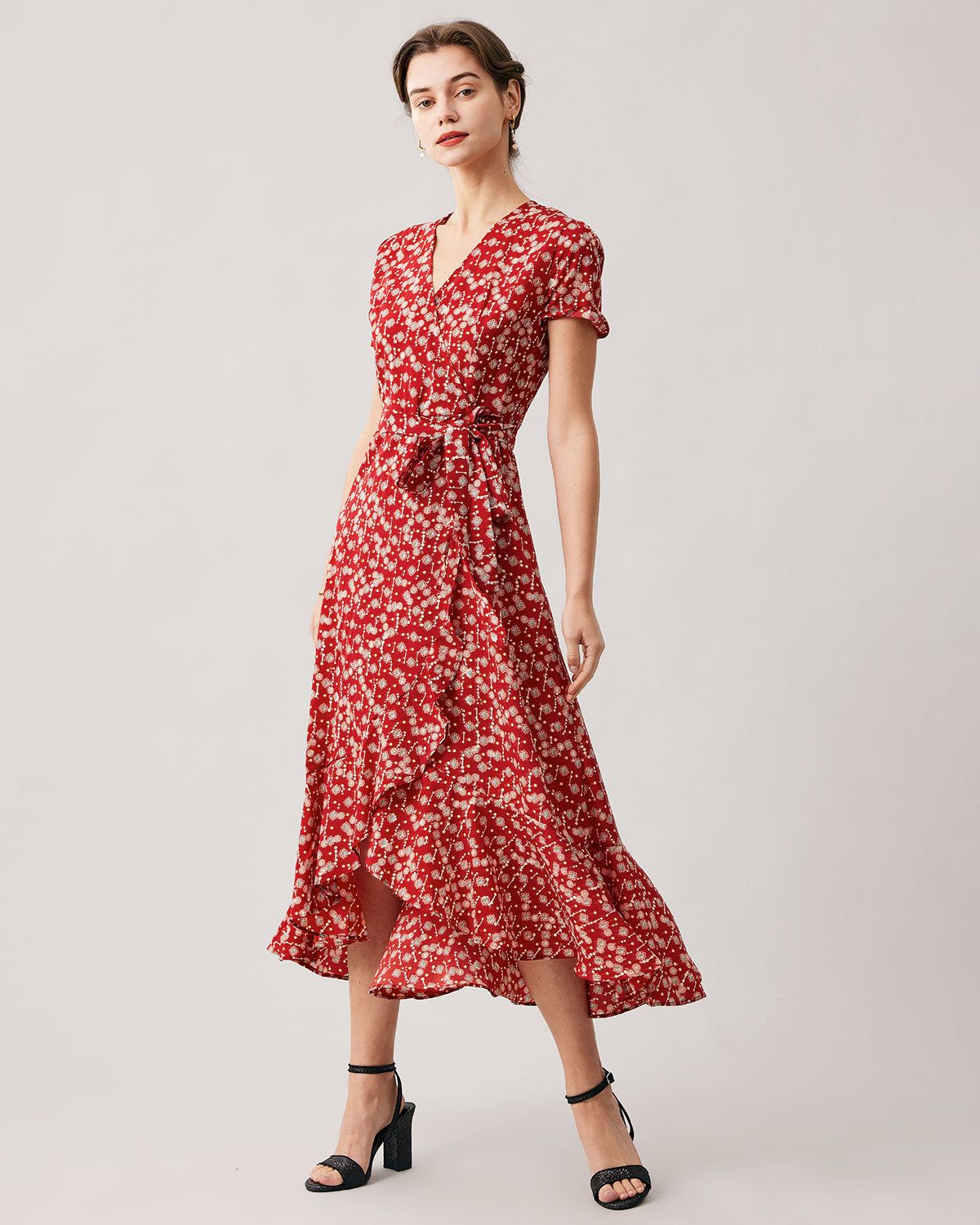 The Red V Neck Wrap Midi Dress sold by rihoas product image thumbnail 4