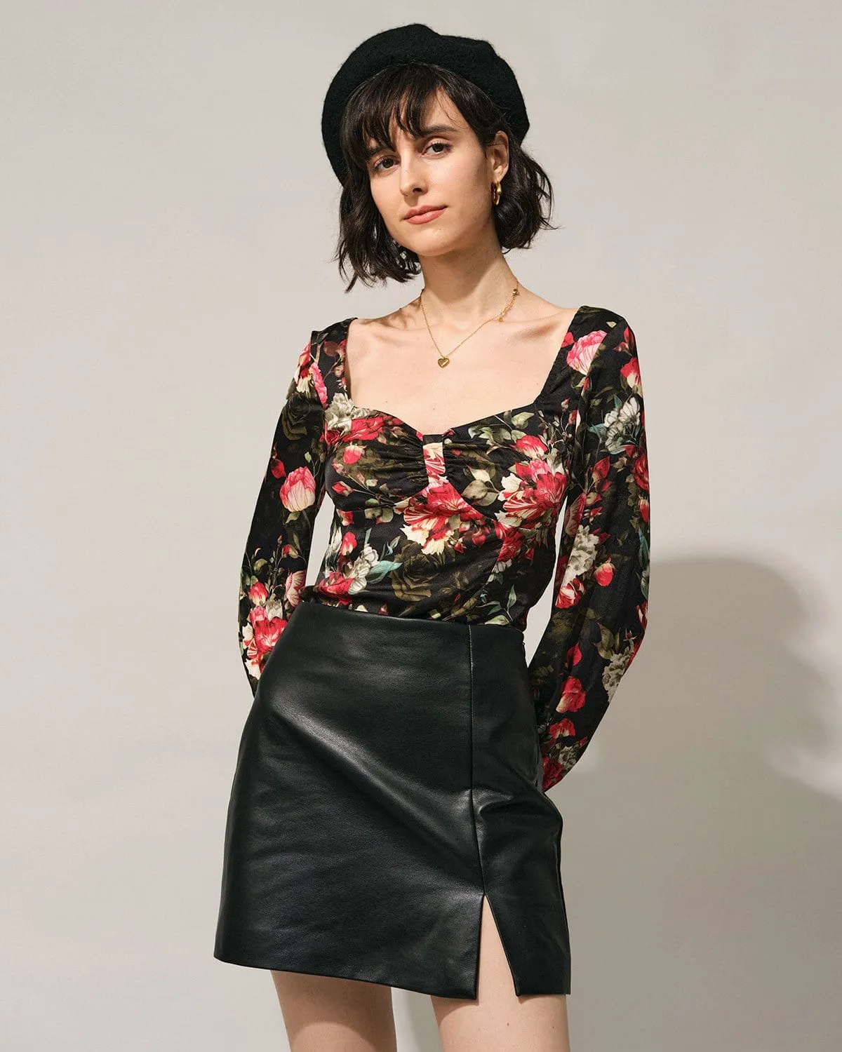 The Black Square Neck Floral Satin Blouse sold by rihoas