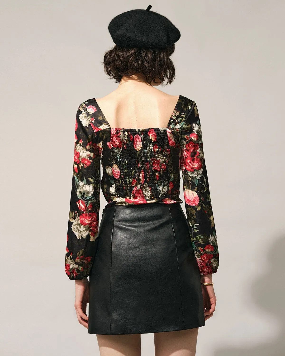 The Black Square Neck Floral Satin Blouse sold by rihoas product image thumbnail 5