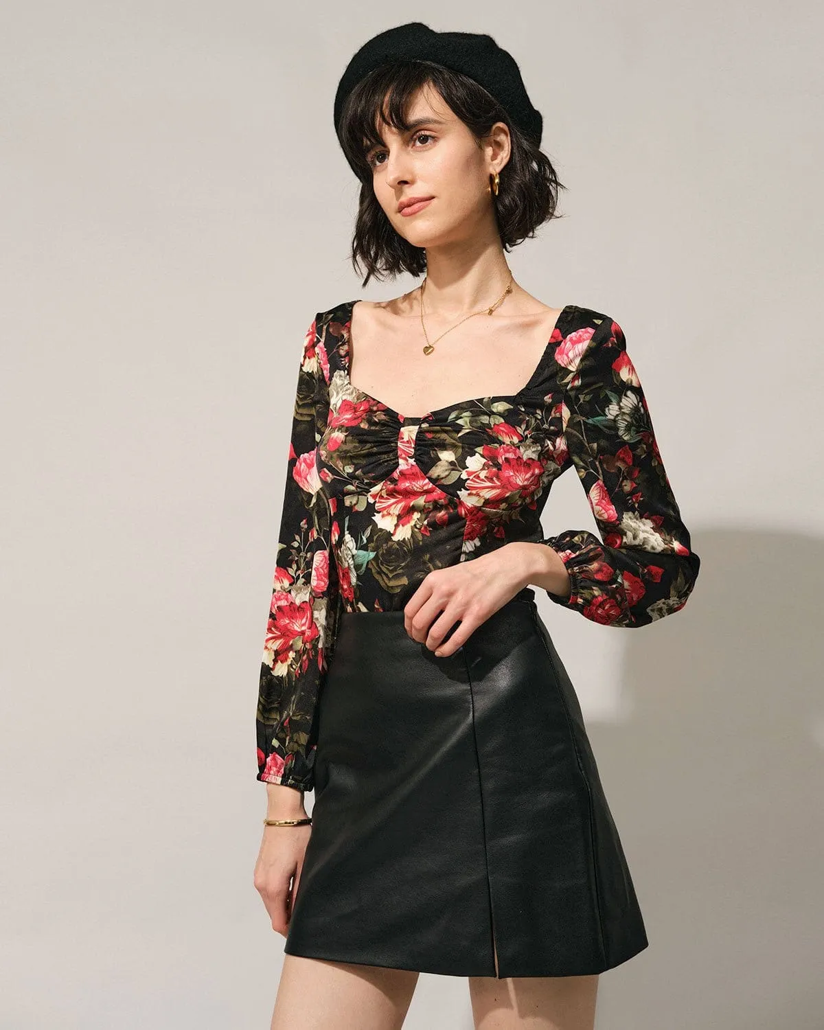 The Black Square Neck Floral Satin Blouse sold by rihoas product image thumbnail 3