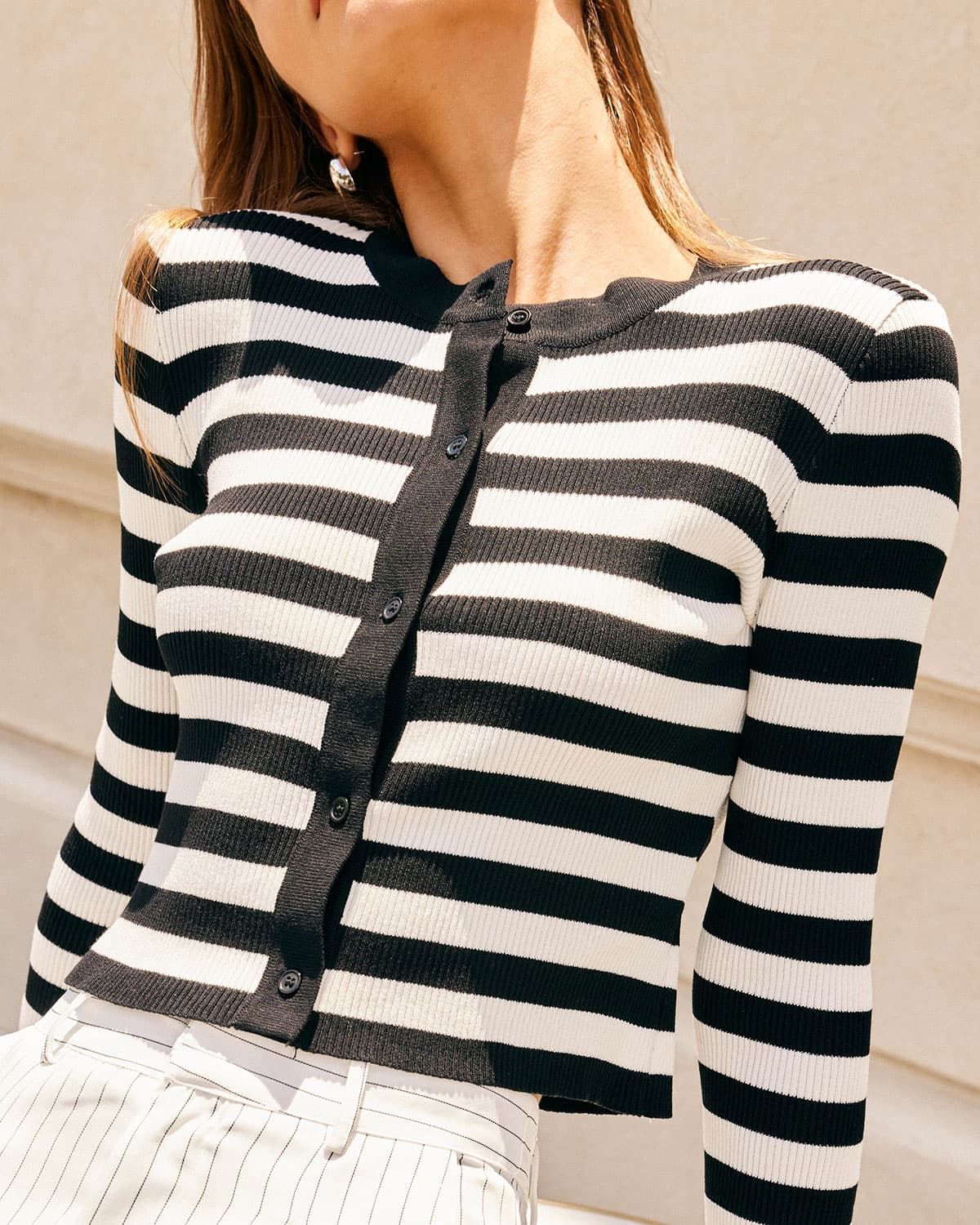 The Black Round Neck Striped Button Knit Top sold by rihoas product image thumbnail 5