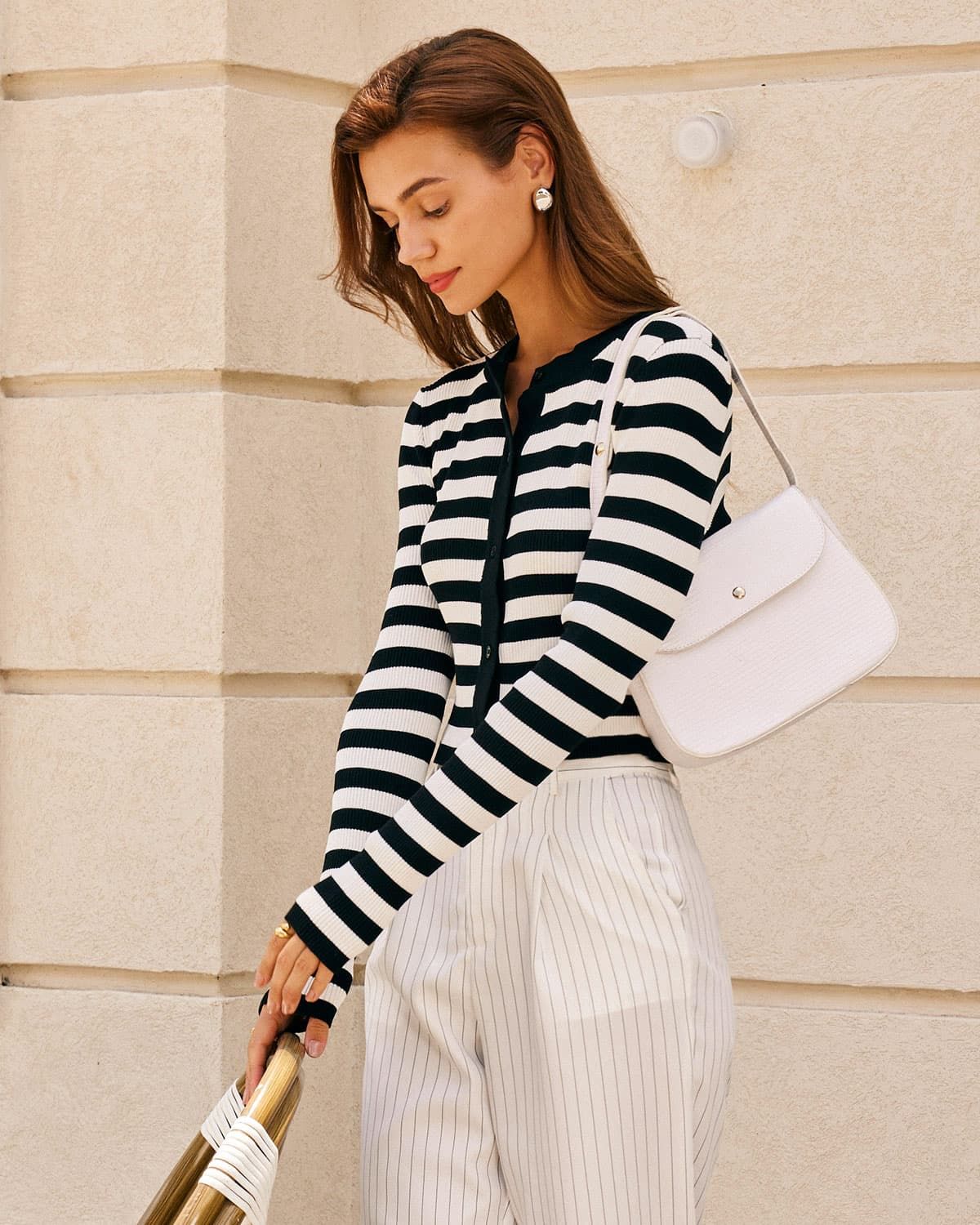 The Black Round Neck Striped Button Knit Top sold by rihoas product image thumbnail 4