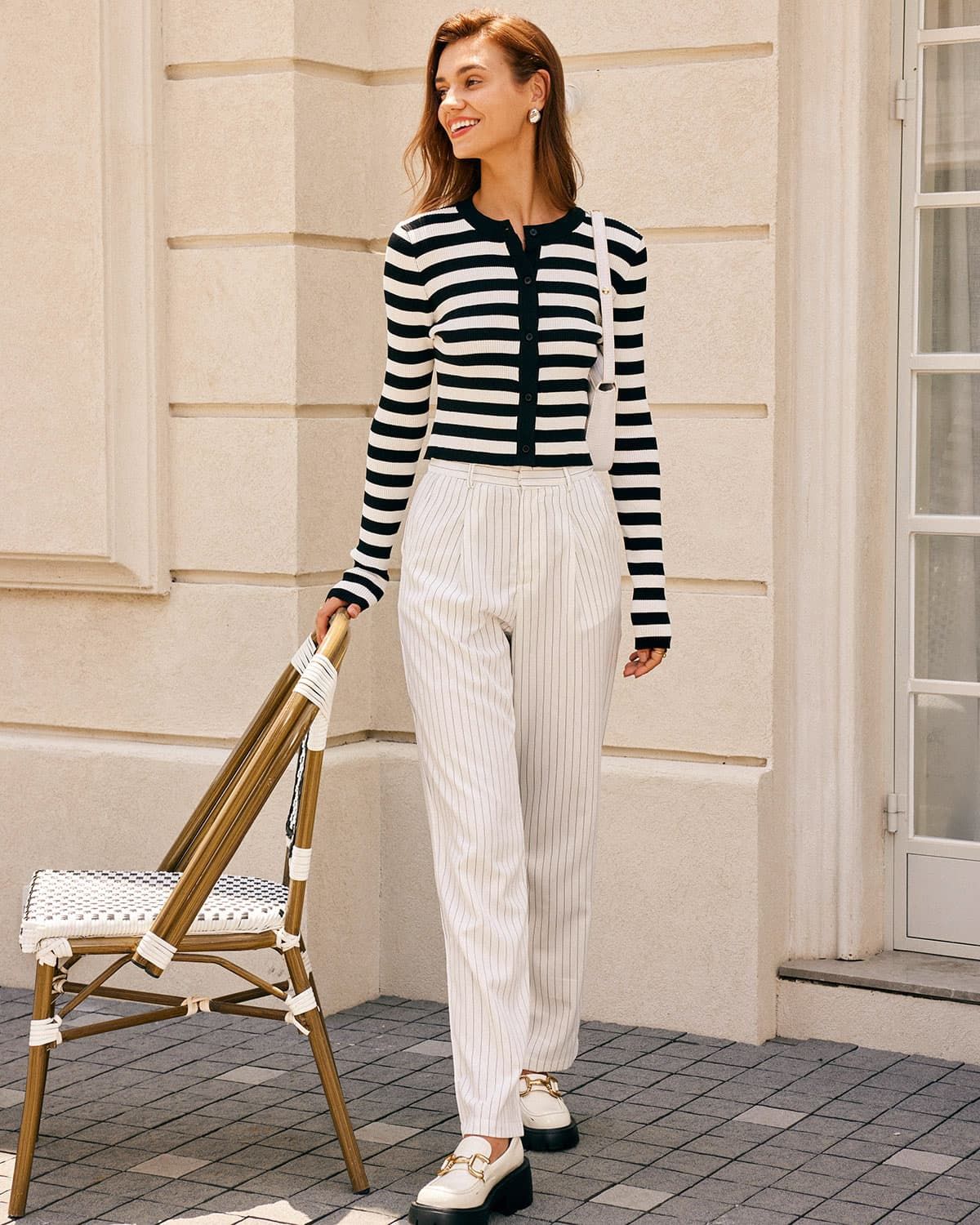 The Black Round Neck Striped Button Knit Top sold by rihoas product image thumbnail 2