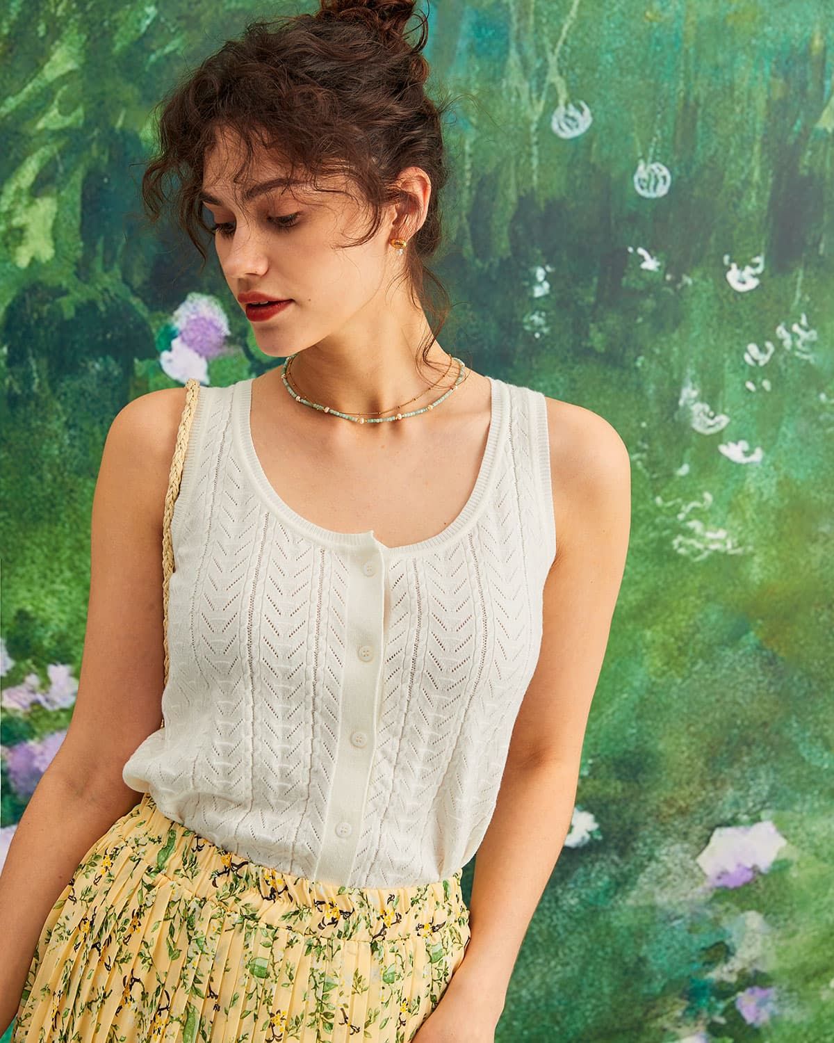 The White Round Neck Button Knit Tank Top sold by rihoas