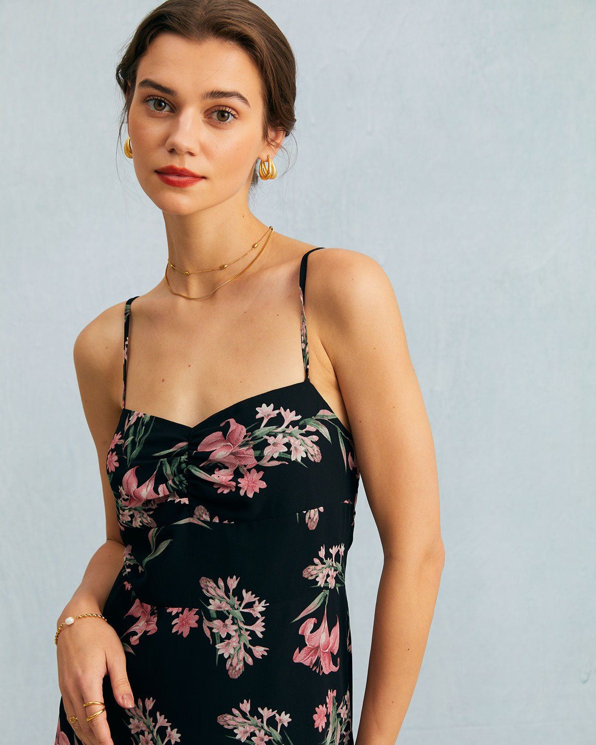 The Black Floral Ruched Ruffle Hem Midi Dress sold by rihoas product image thumbnail 4