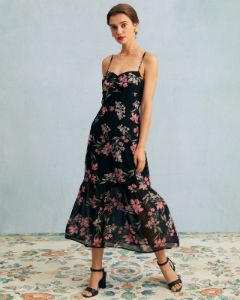 The Black Floral Ruched Ruffle Hem Midi Dress sold by rihoas