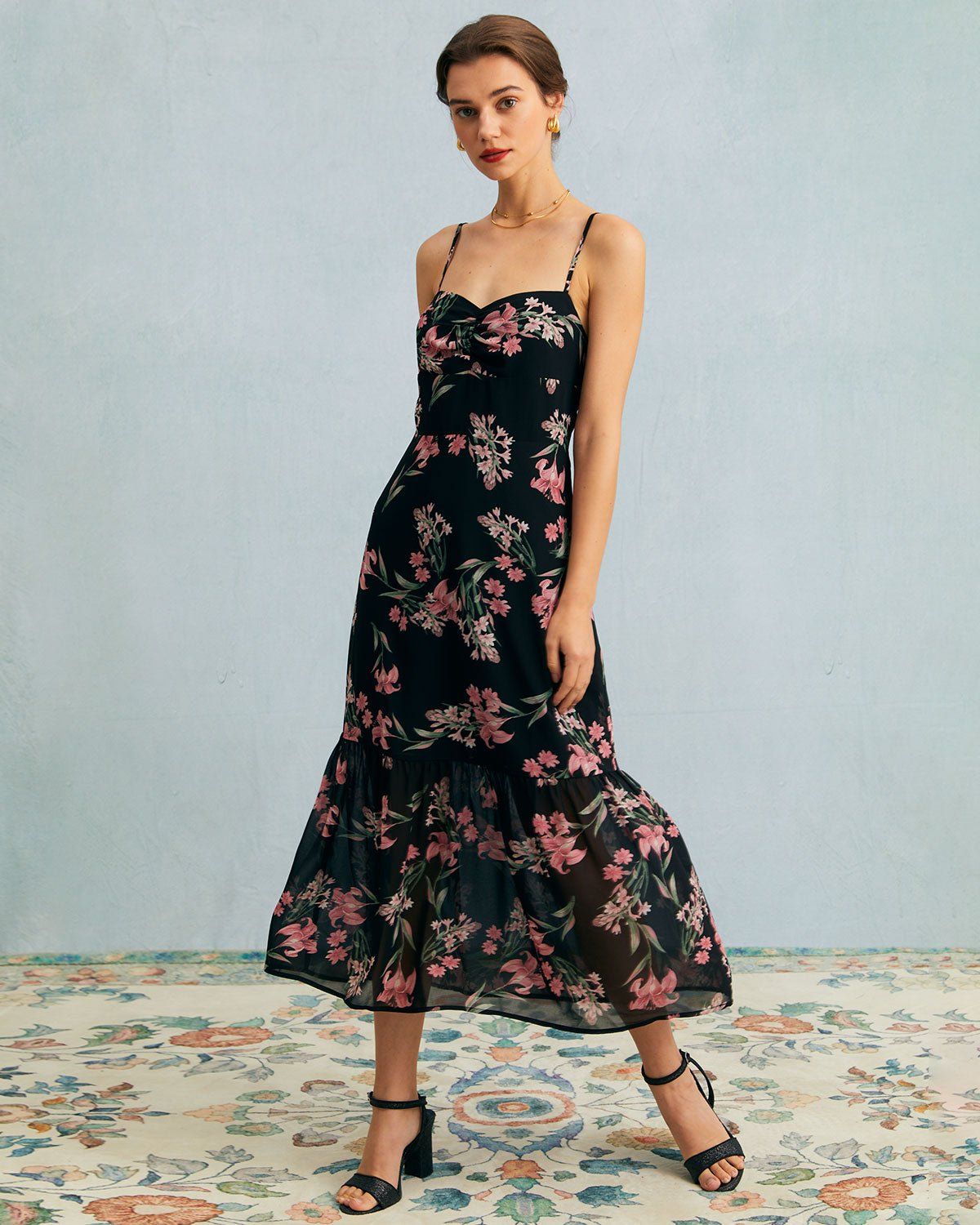 The Black Floral Ruched Ruffle Hem Midi Dress sold by rihoas product image thumbnail 3