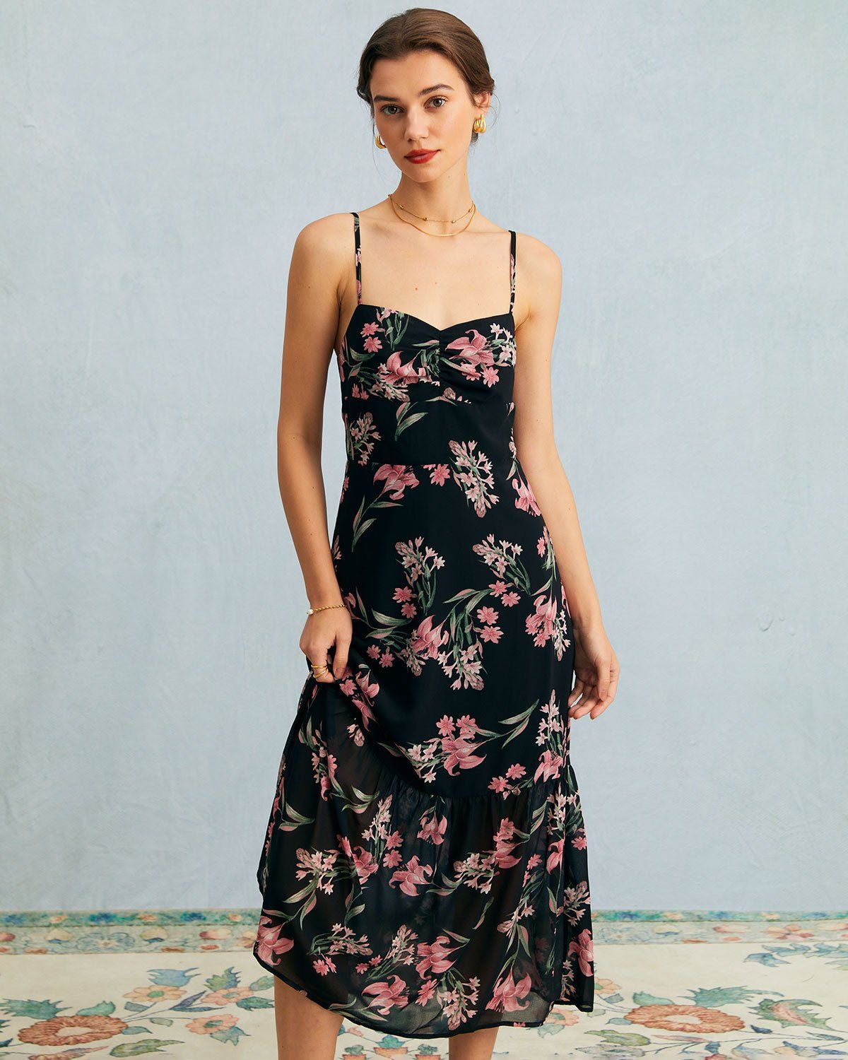 The Black Floral Ruched Ruffle Hem Midi Dress sold by rihoas