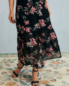 The Black Floral Ruched Ruffle Hem Midi Dress sold by rihoas