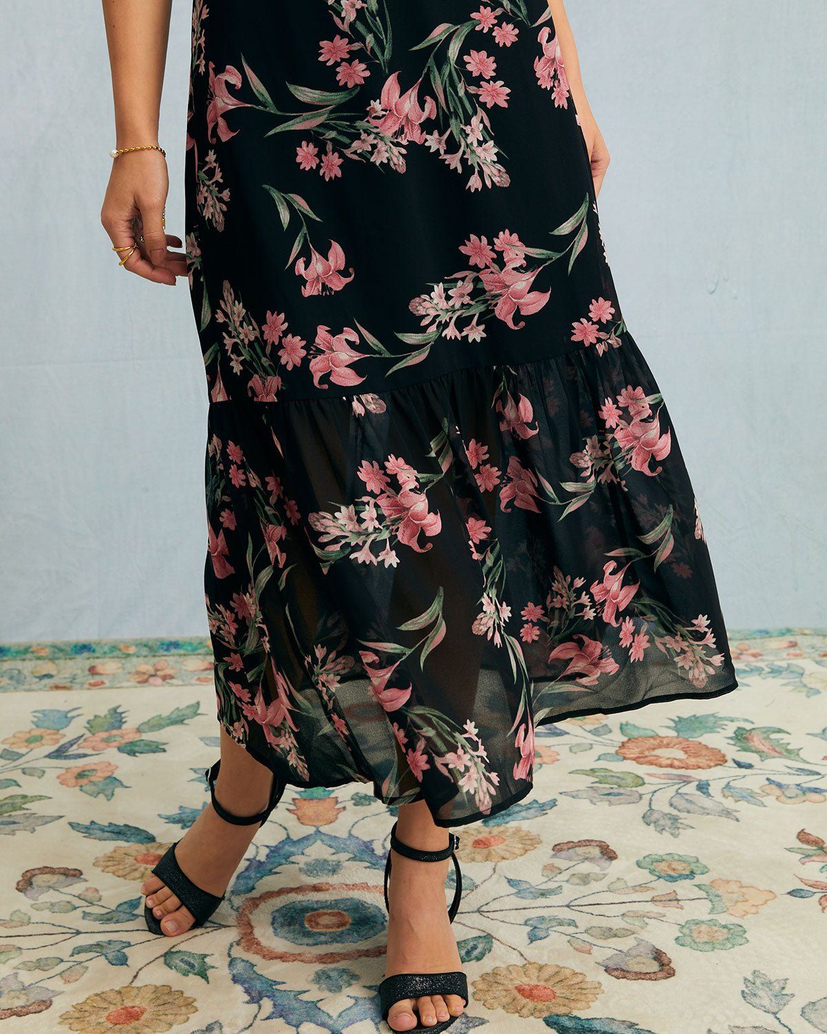 The Black Floral Ruched Ruffle Hem Midi Dress sold by rihoas product image thumbnail 5