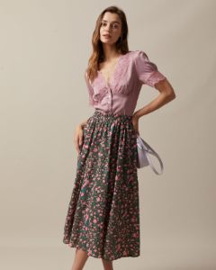 The Pink High Waisted Pleated Floral Midi Skirt sold by rihoas