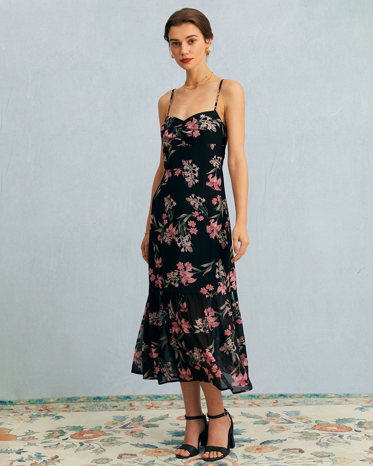 The Black Floral Ruched Ruffle Hem Midi Dress sold by rihoas product image thumbnail 2