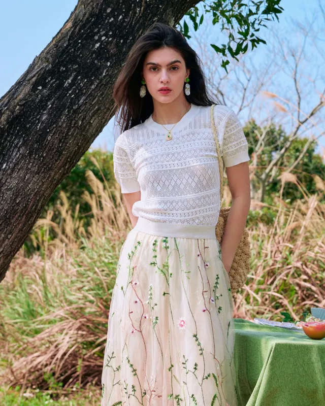 The White Round Neck Pointelle Knit Top sold by rihoas