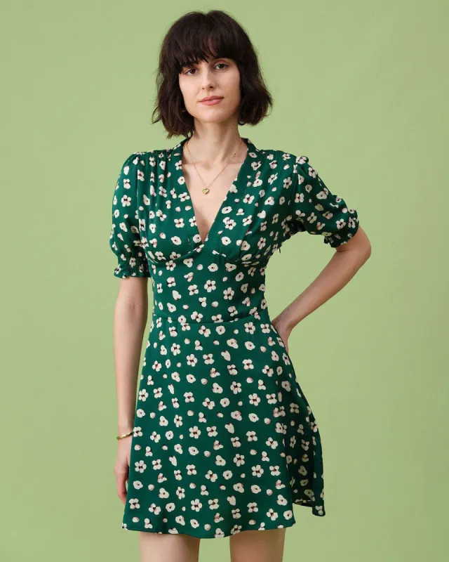 The Green V Neck Puff Sleeve Floral Mini Dress sold by rihoas