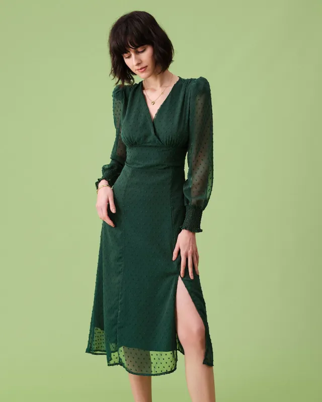The Green V Neck Jacquard Sheer Sleeve Midi Dress sold by rihoas