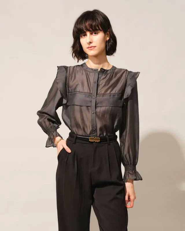 The Grey Round Neck Ruffle Long Sleeve Sheer Blouse sold by rihoas