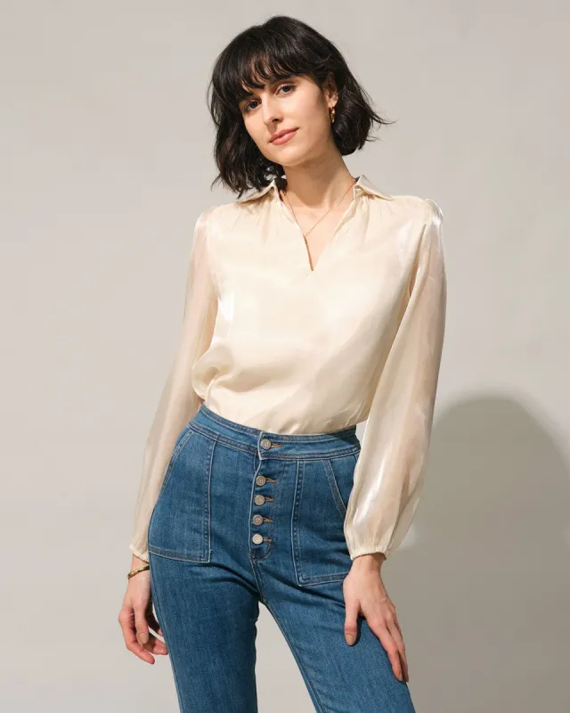 The Beige Collared Sheer Sleeve Blouse sold by rihoas