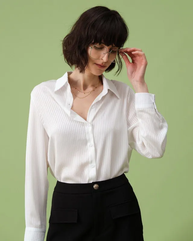 Women White Collared Striped Long Sleeve Shirt made by rihoas