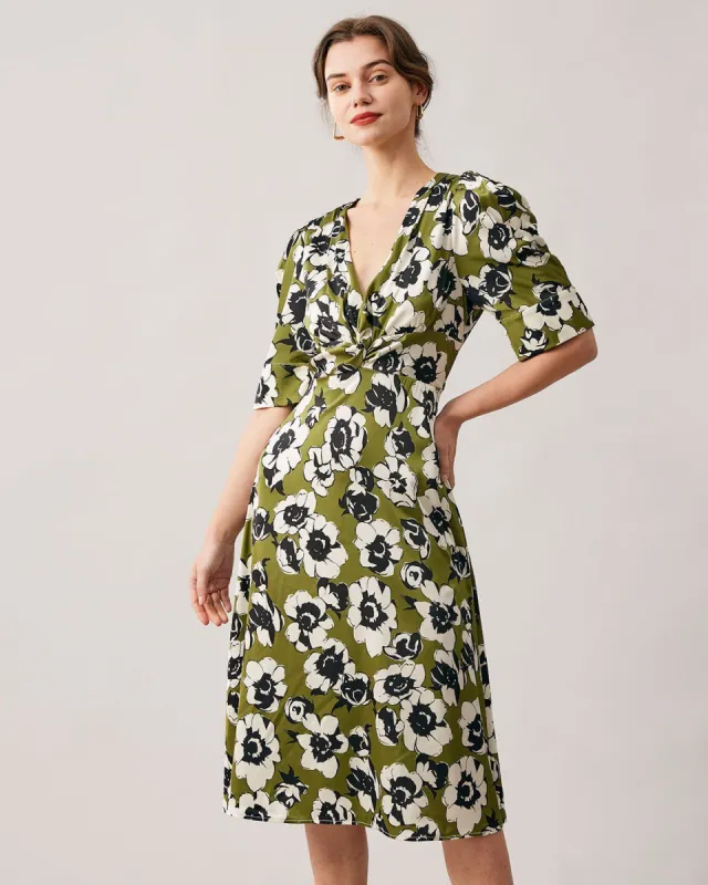 The Green V Neck Puff Sleeve Floral Midi Dress sold by rihoas