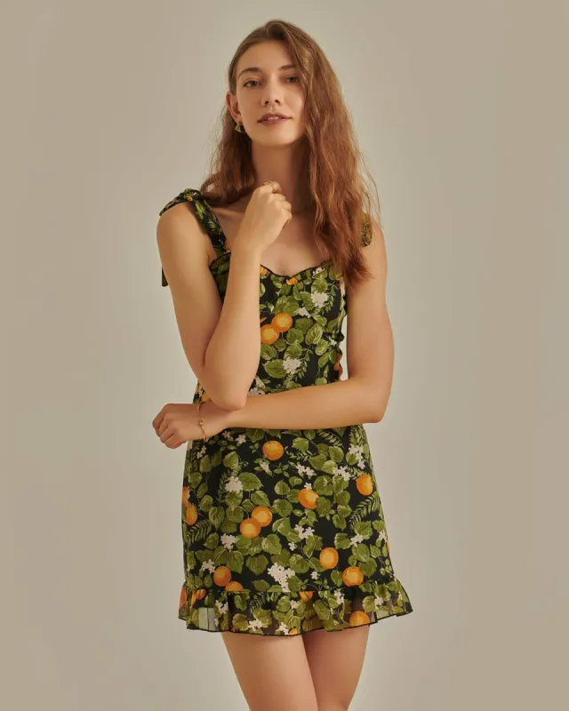 The Green Fruit Print Tie Shoulder Mini Dress sold by rihoas