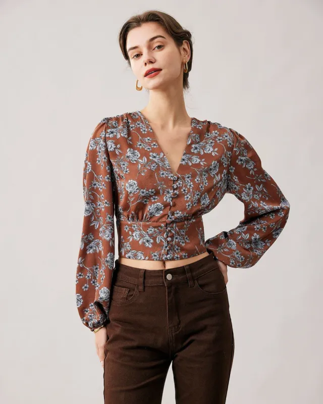 The V Neck Floral Lantern Sleeve Satin Blouse sold by rihoas