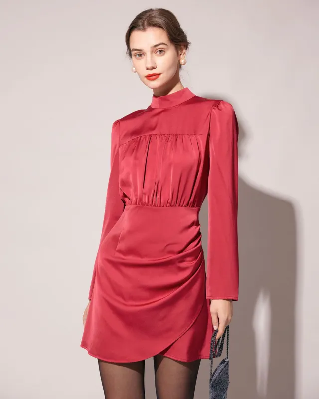 The Red Mock Neck Ruched Long Sleeve Mini Dress sold by rihoas