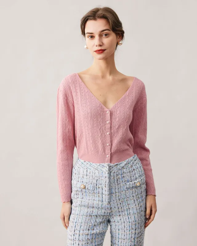 The Pink V Neck Pointelle Knit Cardigan sold by rihoas