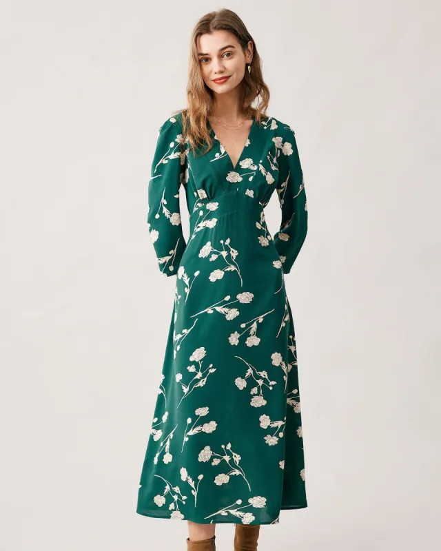 The Green V Neck Floral Long Sleeve Maxi Dress sold by rihoas
