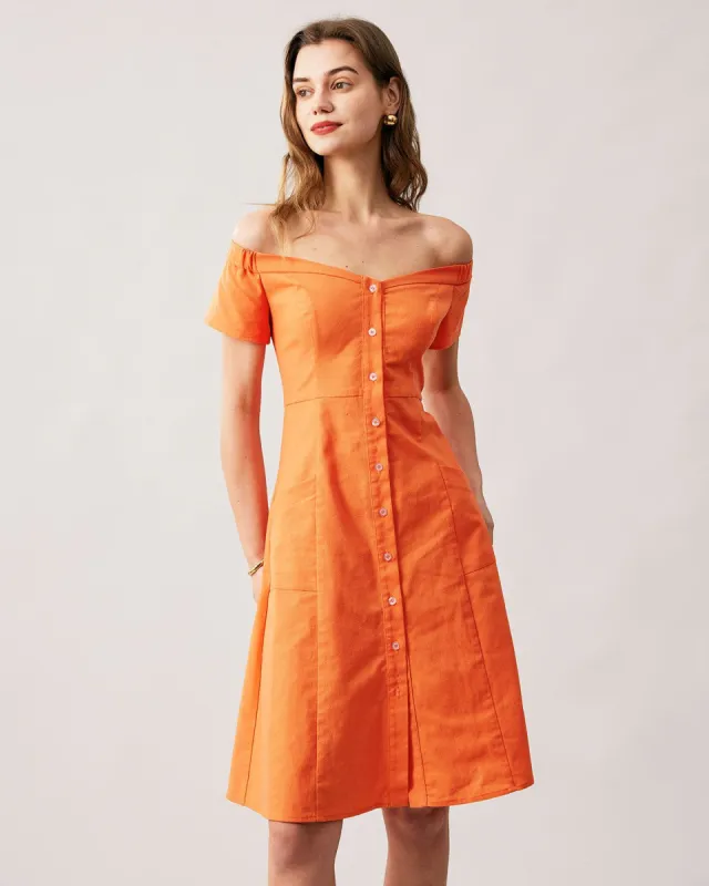 The Orange Button Up Off-the-shoulder Midi Dress sold by rihoas