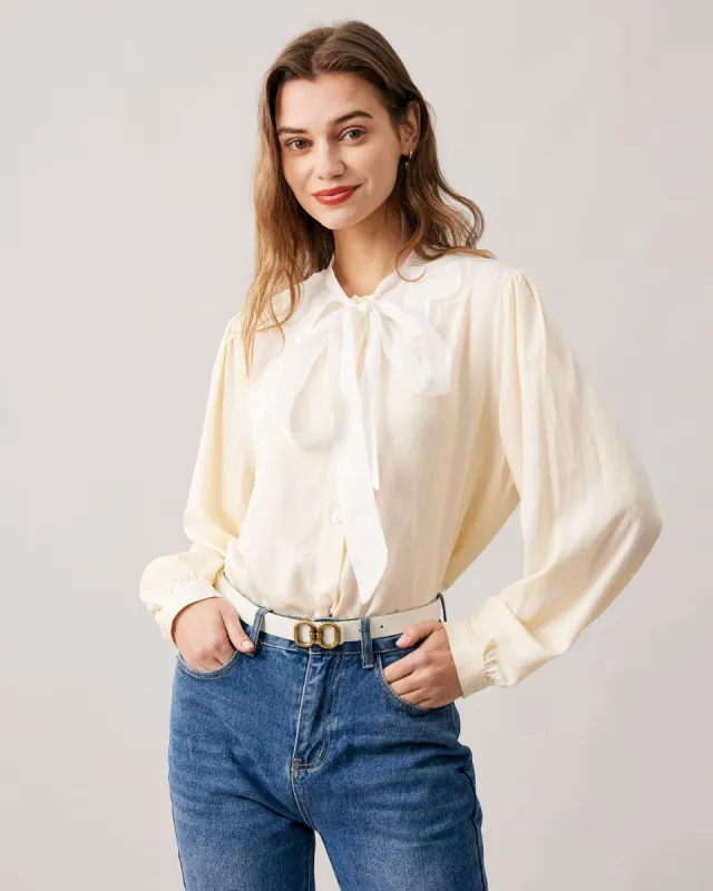 The Apricot Tie Neck Puff Sleeve Spliced Blouse sold by rihoas