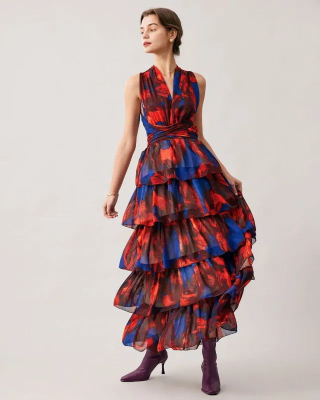 The Red Halter Backless Tiered Maxi Dress sold by rihoas