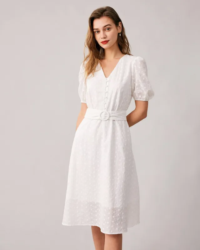 The White V Neck Puff Sleeve Midi Dress sold by rihoas