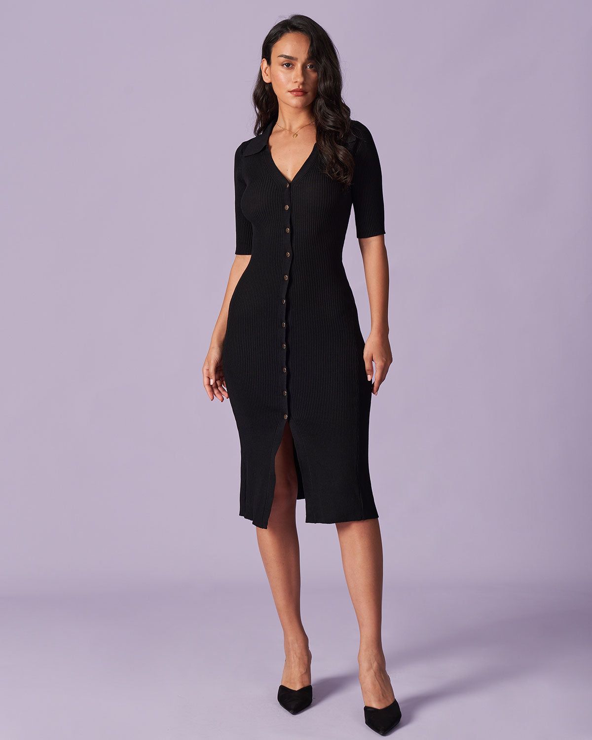The Black V Neck Ribbed Knit Midi Dress sold by rihoas product image thumbnail 2