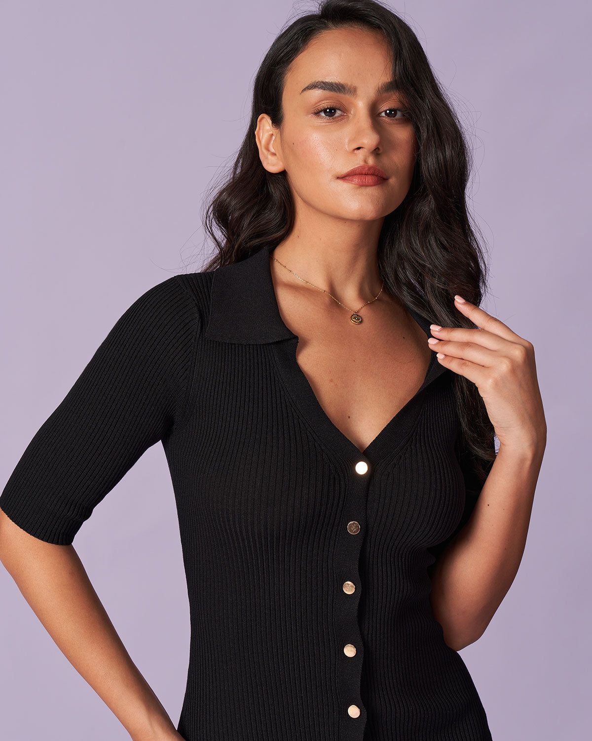 The Black V Neck Ribbed Knit Midi Dress sold by rihoas product image thumbnail 3