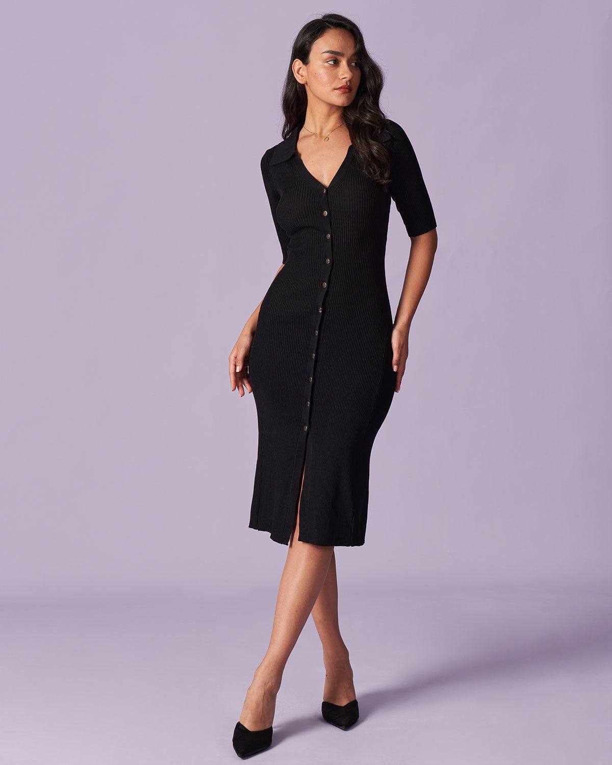 The Black V Neck Ribbed Knit Midi Dress sold by rihoas