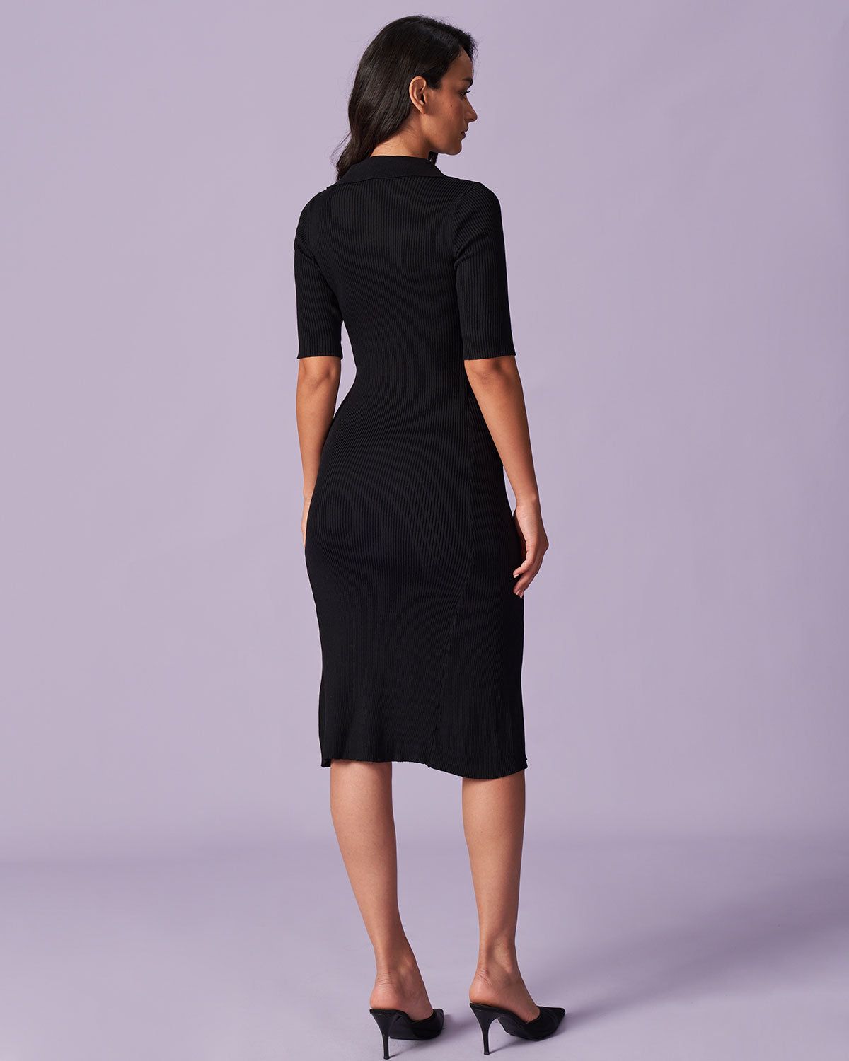 The Black V Neck Ribbed Knit Midi Dress sold by rihoas product image thumbnail 5