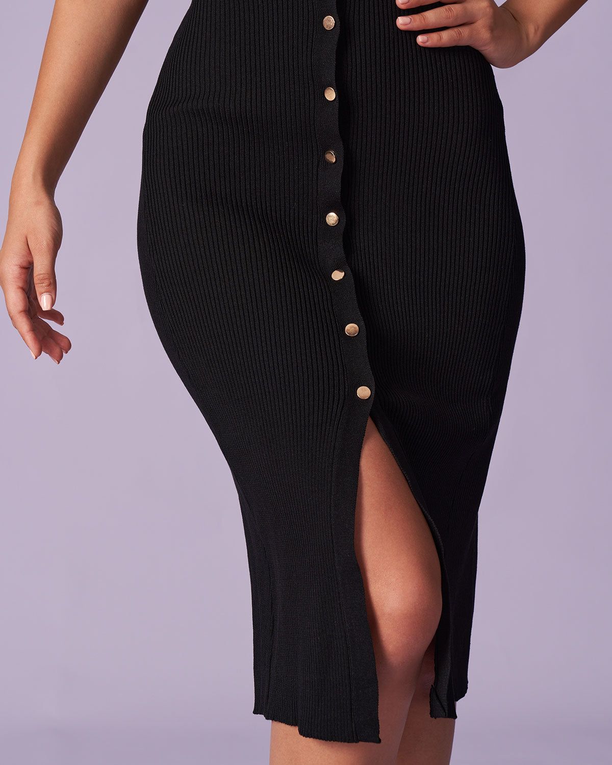 The Black V Neck Ribbed Knit Midi Dress sold by rihoas product image thumbnail 4