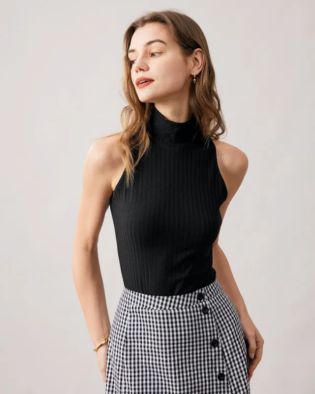 The Black Ribbed Mock Neck Tank Top sold by rihoas