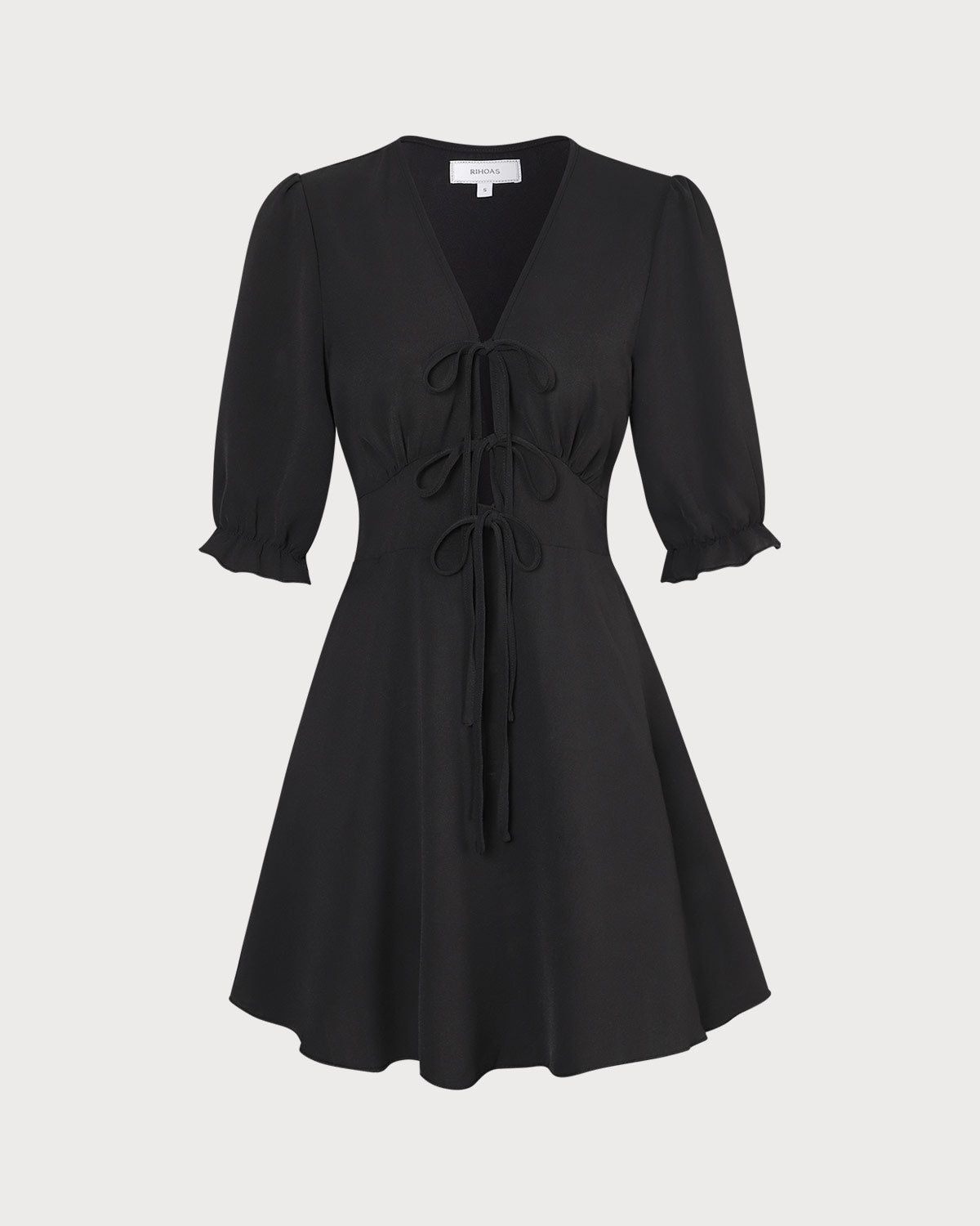 The Black V Neck Puff Sleeve Ruffle Mini Dress sold by rihoas