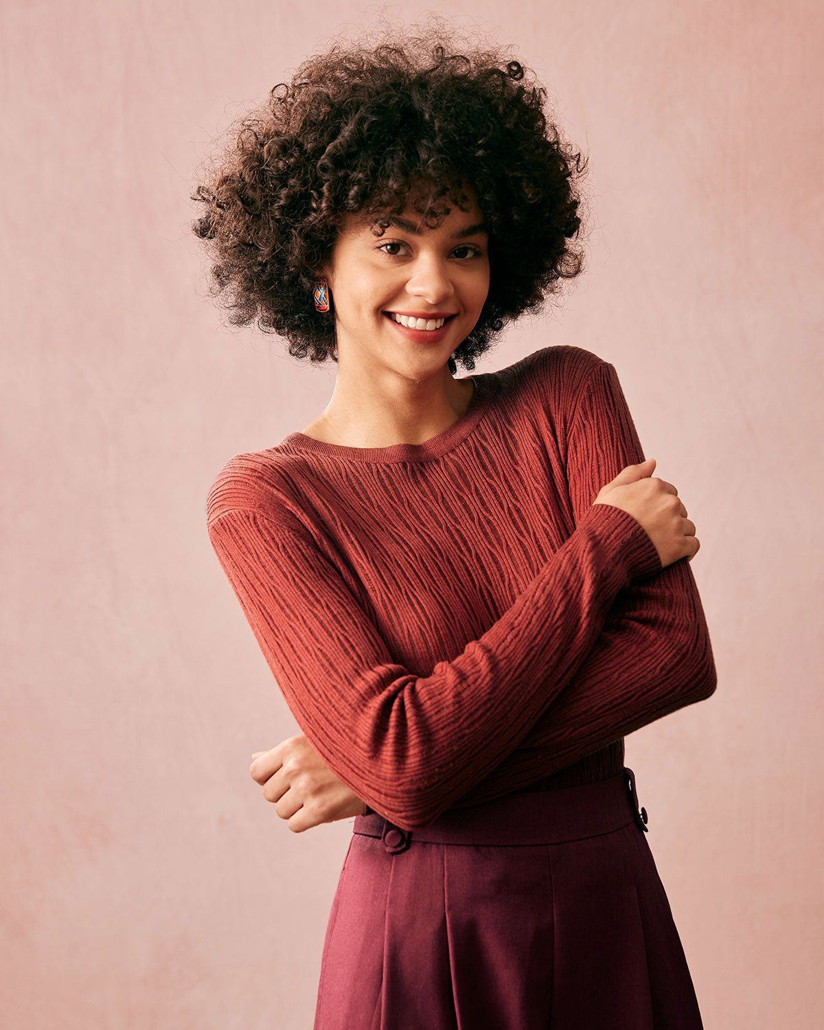 The Solid Round Neck Textured Knit Top sold by rihoas product image thumbnail 3