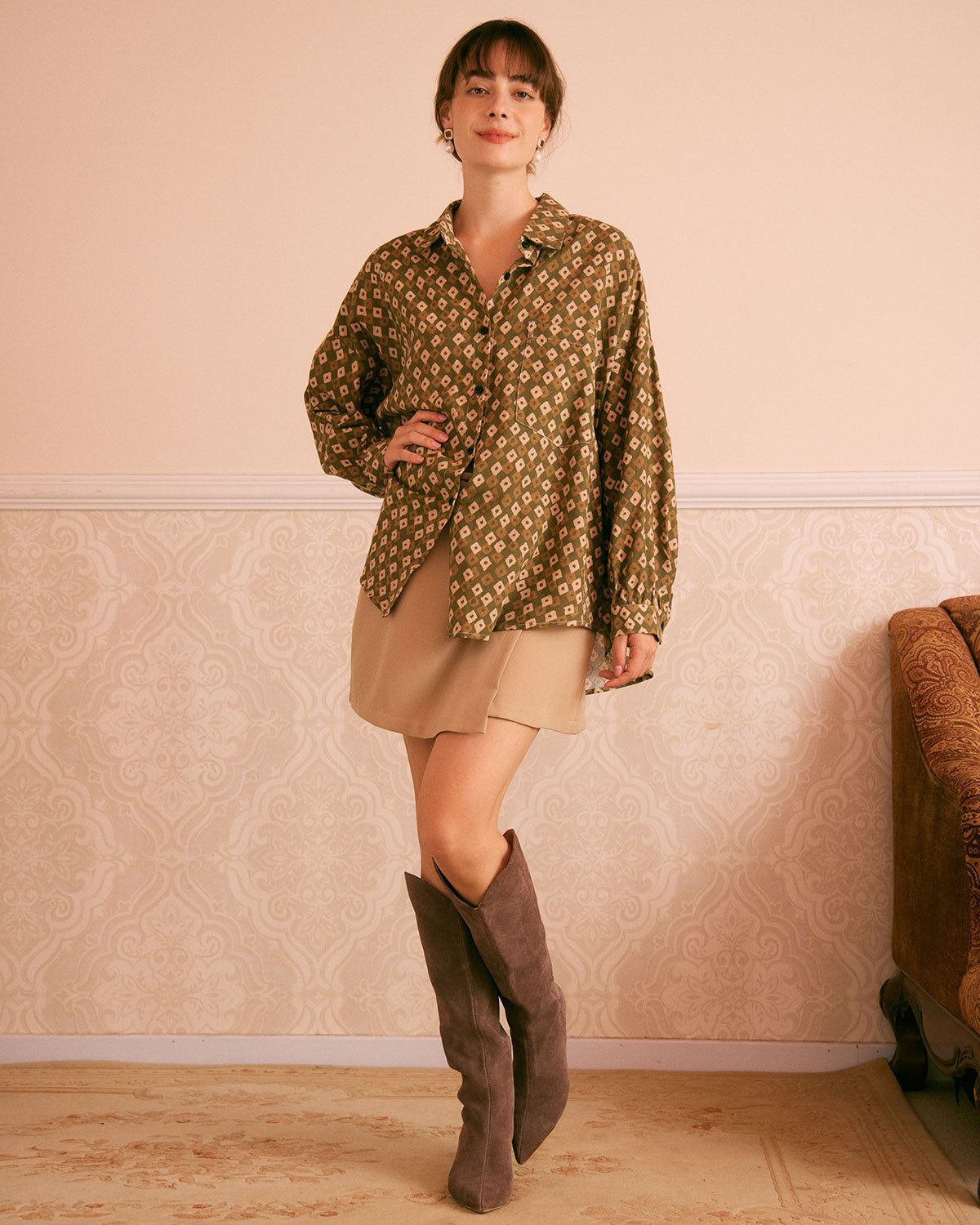 The Green Collared Geometric Button Up Shirt sold by rihoas product image thumbnail 4