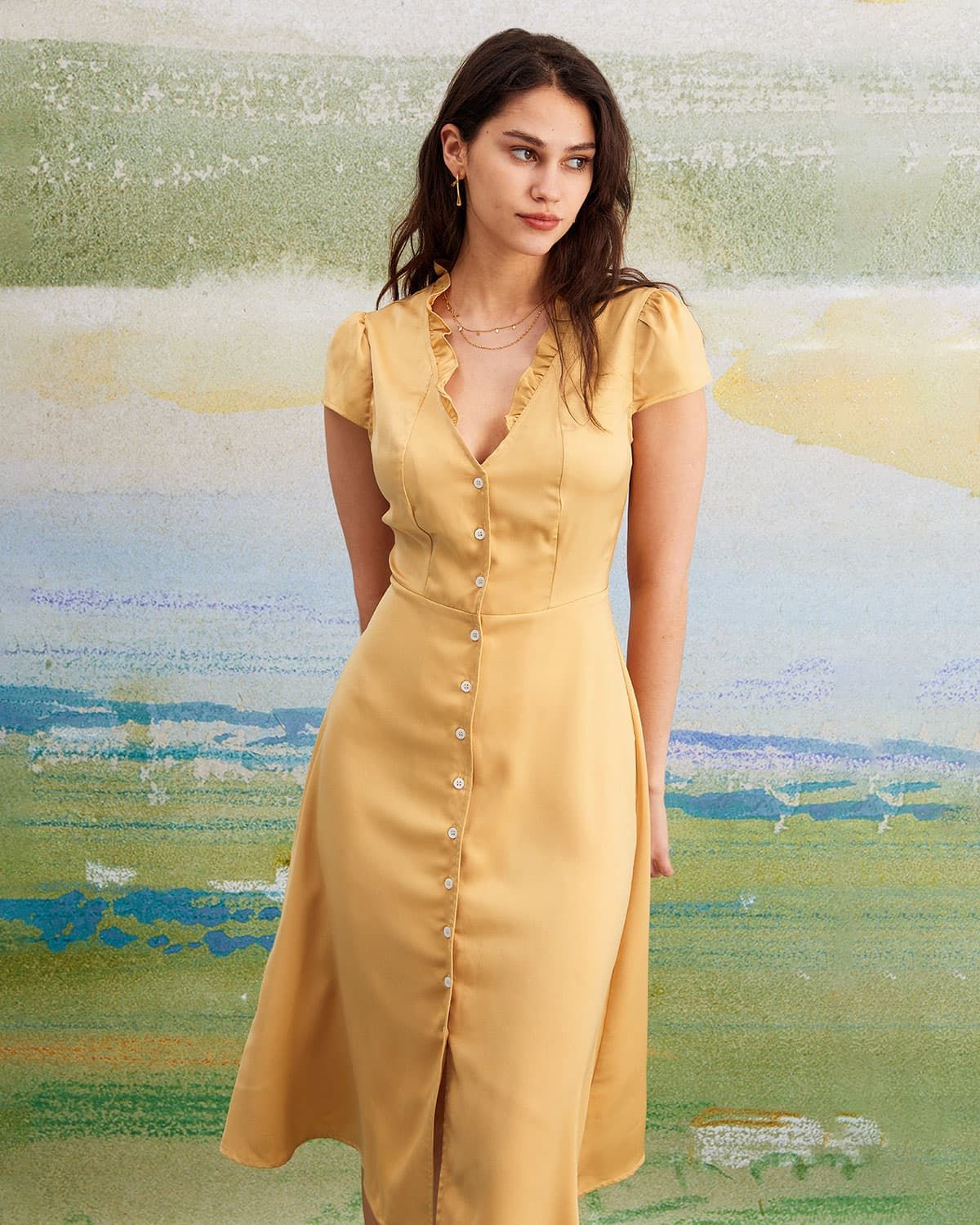The Yellow V Neck Ruffle Cap Sleeve Midi Dress sold by rihoas product image thumbnail 3