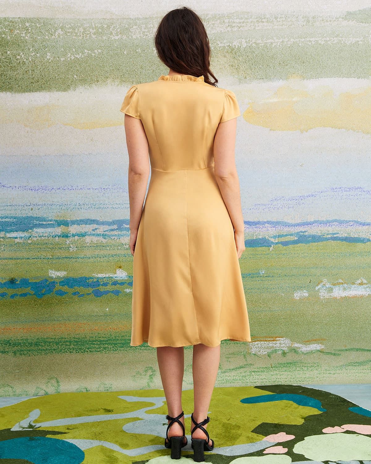 The Yellow V Neck Ruffle Cap Sleeve Midi Dress sold by rihoas product image thumbnail 5
